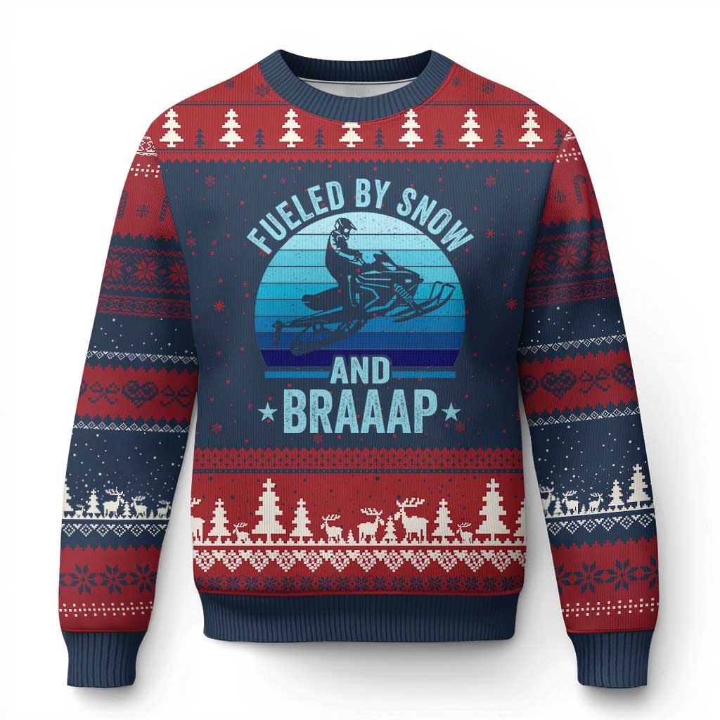 Funny Snowmobile Ugly Christmas Sweater Fueled By Snow And Braaap Winter Sports - Wonder Print Shop
