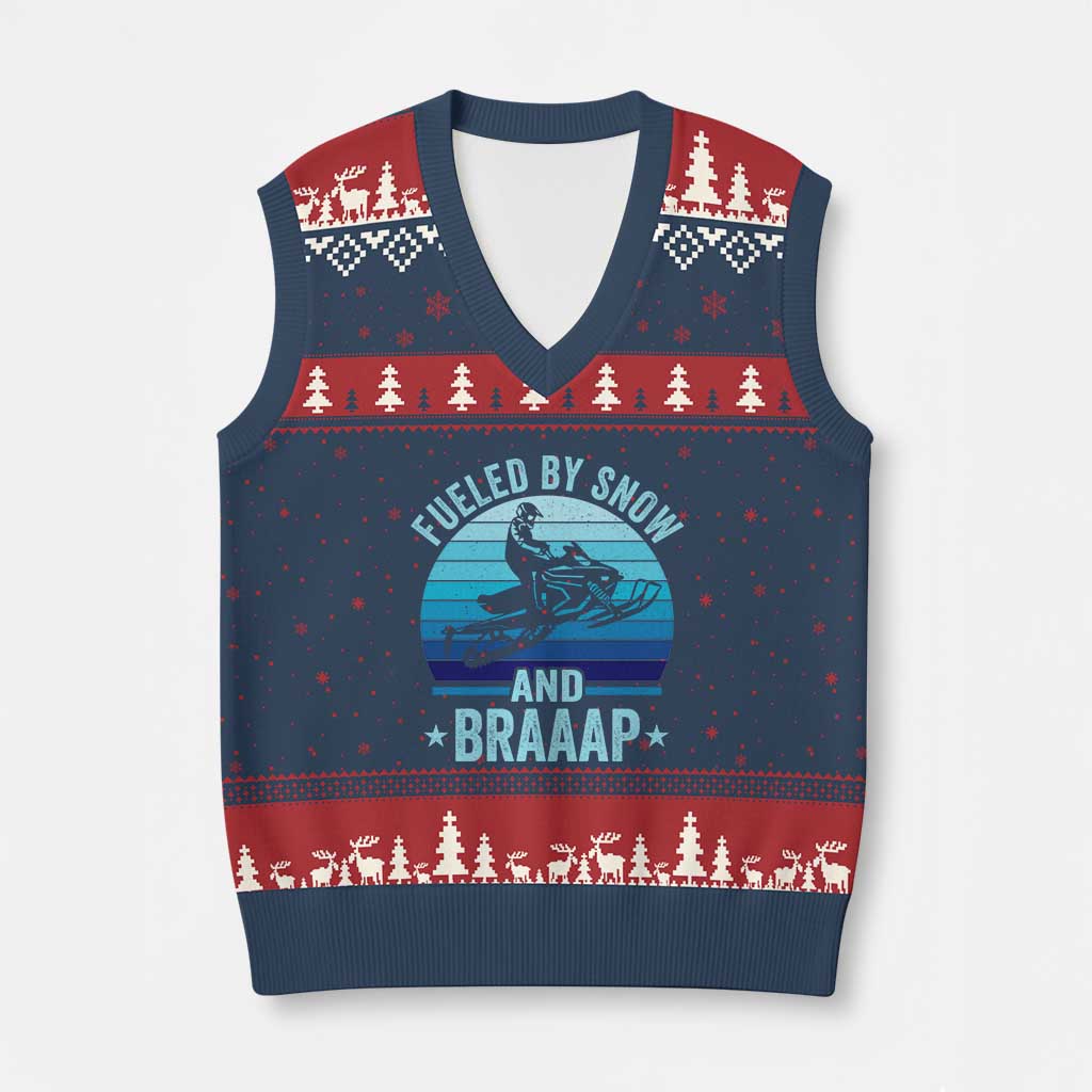 Funny Snowmobile V-Neck Knit Sweater Vest Fueled By Snow And Braaap Winter Sports - Wonder Print Shop