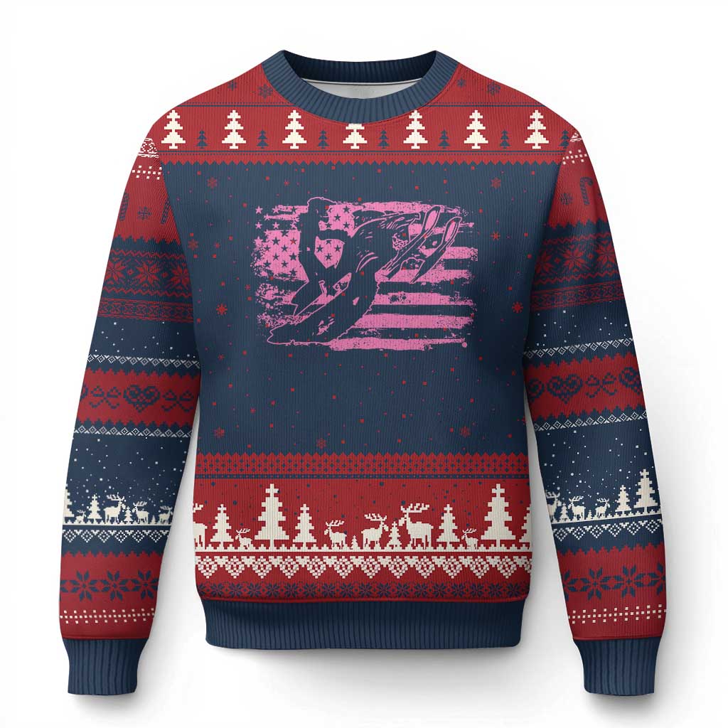 Snowmobile Snowcross Girls Pink American Flag Ugly Christmas Sweater - Wonder Print Shop