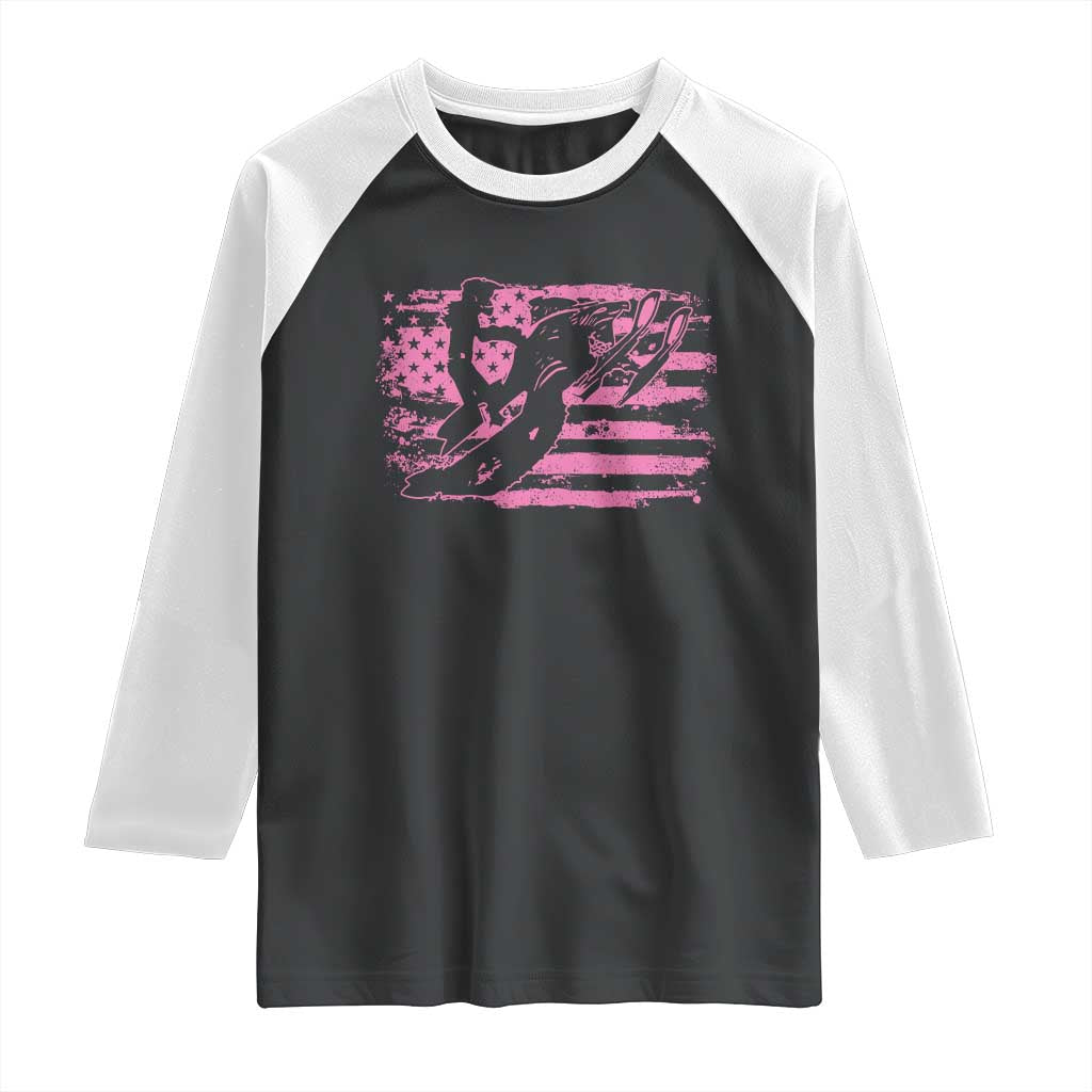 Snowmobile Snowcross Girls Pink American Flag Raglan Shirt - Wonder Print Shop
