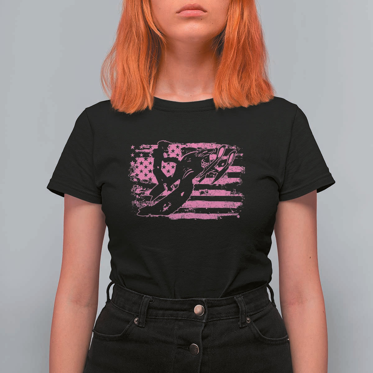 Snowmobile Snowcross Girls Pink American Flag T Shirt For Women - Wonder Print Shop
