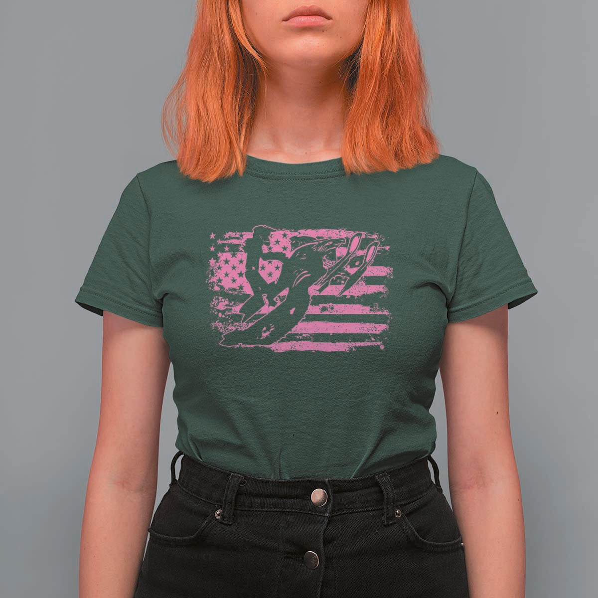 Snowmobile Snowcross Girls Pink American Flag T Shirt For Women - Wonder Print Shop
