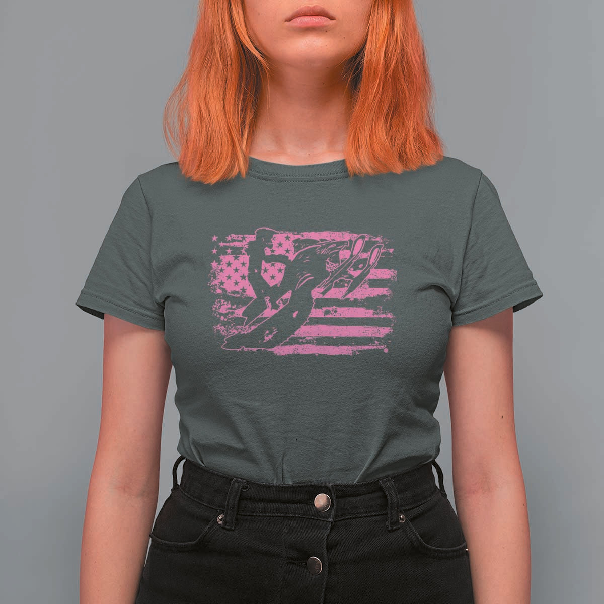 Snowmobile Snowcross Girls Pink American Flag T Shirt For Women - Wonder Print Shop
