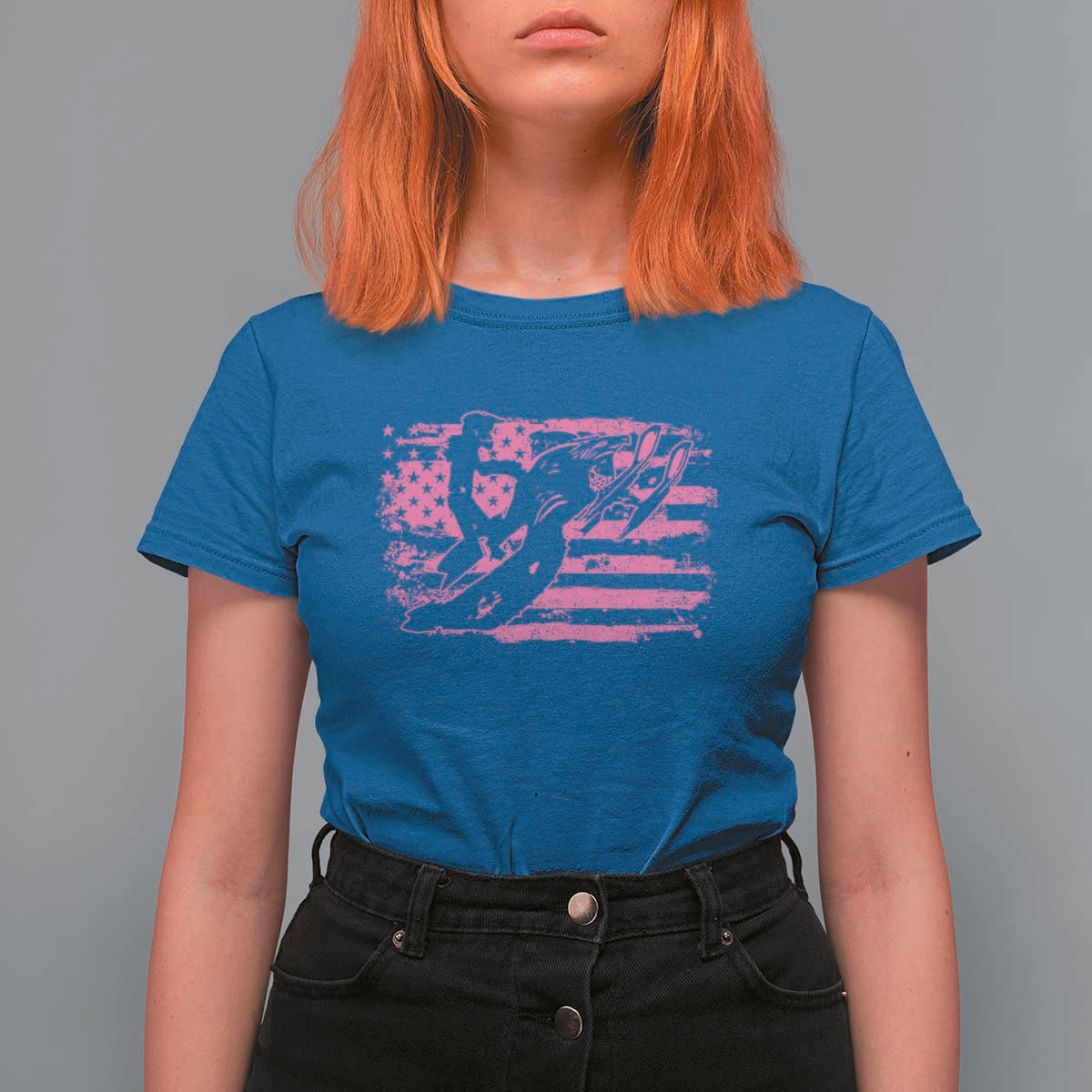 Snowmobile Snowcross Girls Pink American Flag T Shirt For Women - Wonder Print Shop