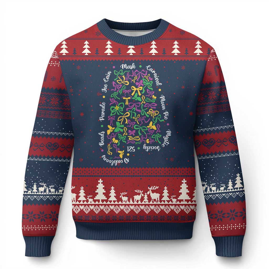 Funny Mardi Gras Alabama Map Coquette Bow Ugly Christmas Sweater Moon Pie Carnival Joe Cain Beads