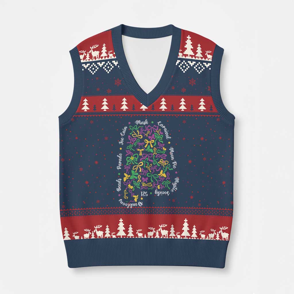 Funny Mardi Gras Alabama Map Coquette Bow V-Neck Knit Sweater Vest Moon Pie Carnival Joe Cain Beads
