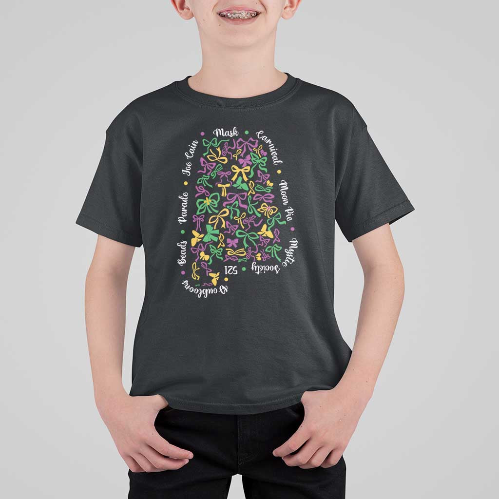 Funny Mardi Gras Alabama Map Coquette Bow T Shirt For Kid Moon Pie Carnival Joe Cain Beads
