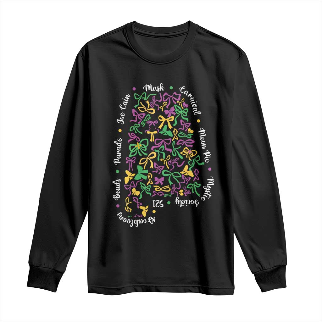 Funny Mardi Gras Alabama Map Coquette Bow Long Sleeve Shirt Moon Pie Carnival Joe Cain Beads