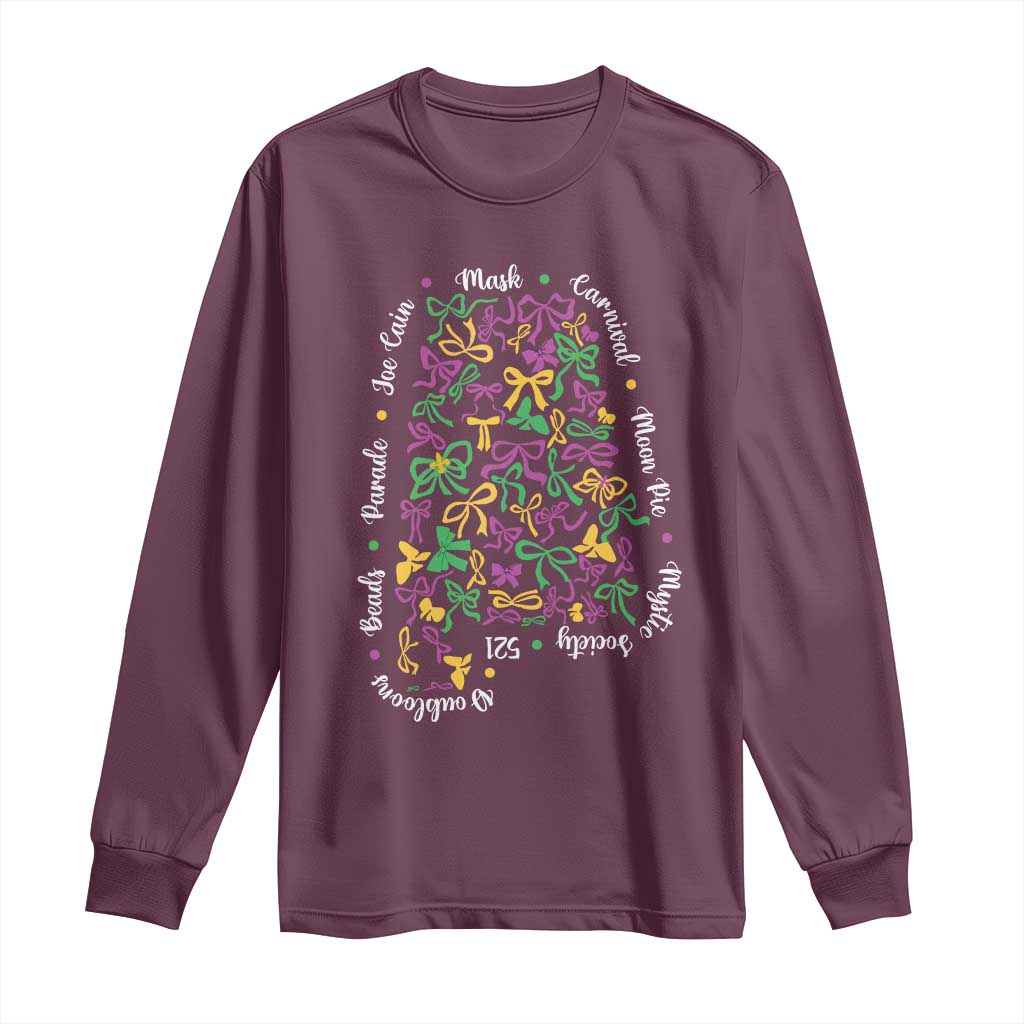 Funny Mardi Gras Alabama Map Coquette Bow Long Sleeve Shirt Moon Pie Carnival Joe Cain Beads