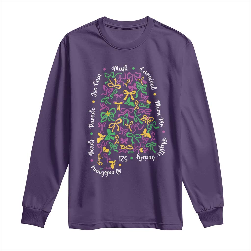 Funny Mardi Gras Alabama Map Coquette Bow Long Sleeve Shirt Moon Pie Carnival Joe Cain Beads