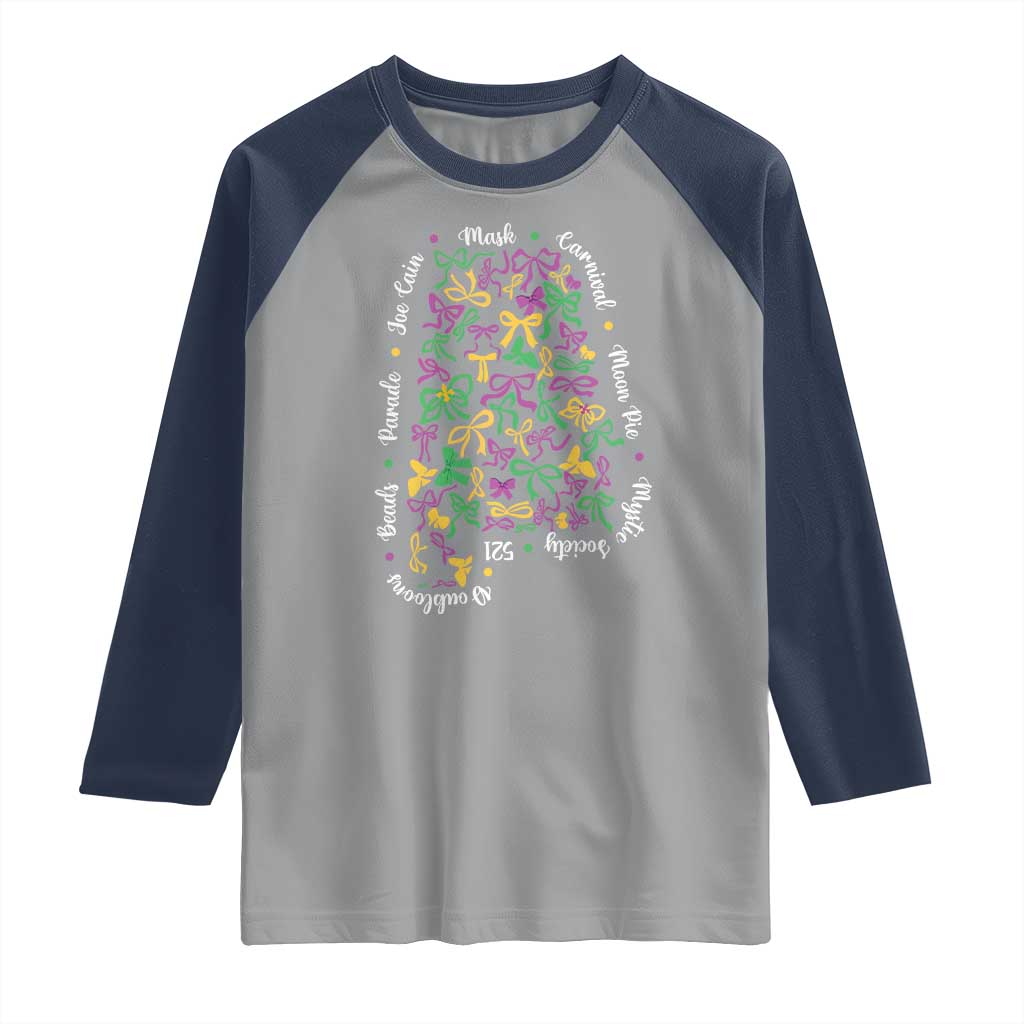 Funny Mardi Gras Alabama Map Coquette Bow Raglan Shirt Moon Pie Carnival Joe Cain Beads