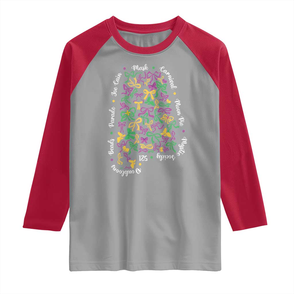 Funny Mardi Gras Alabama Map Coquette Bow Raglan Shirt Moon Pie Carnival Joe Cain Beads
