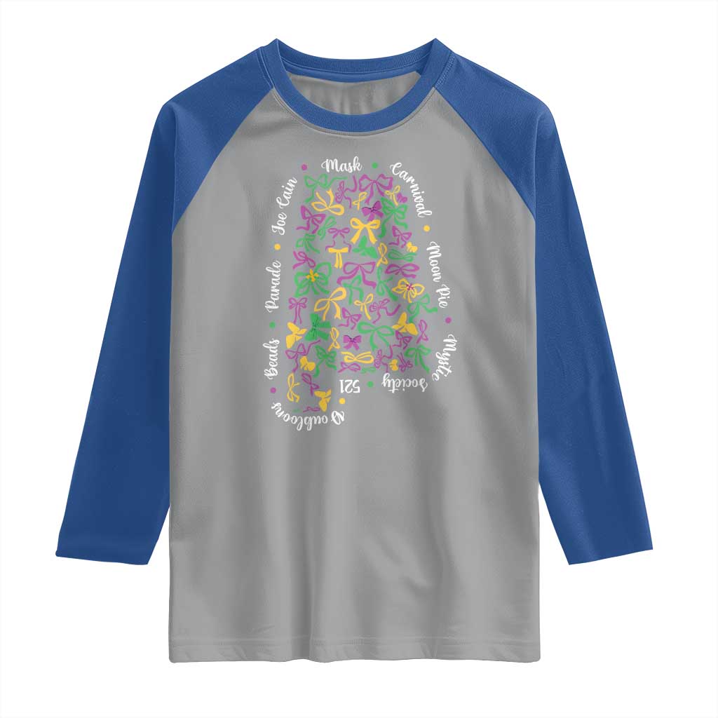Funny Mardi Gras Alabama Map Coquette Bow Raglan Shirt Moon Pie Carnival Joe Cain Beads