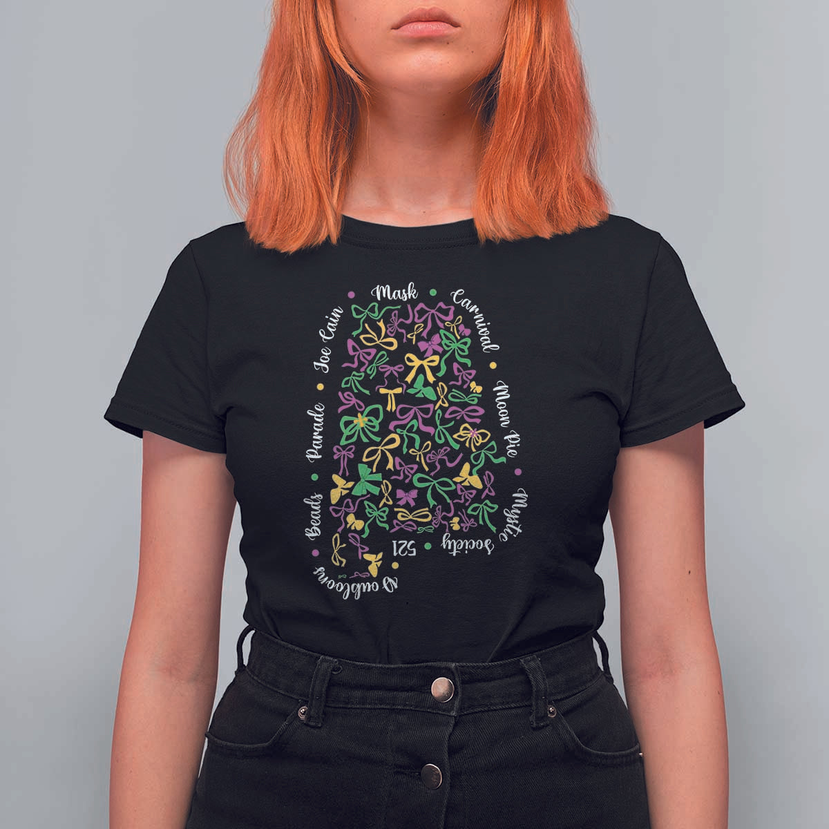 Funny Mardi Gras Alabama Map Coquette Bow T Shirt For Women Moon Pie Carnival Joe Cain Beads