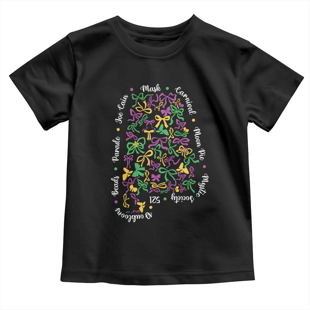 Funny Mardi Gras Alabama Map Coquette Bow Toddler T Shirt Moon Pie Carnival Joe Cain Beads