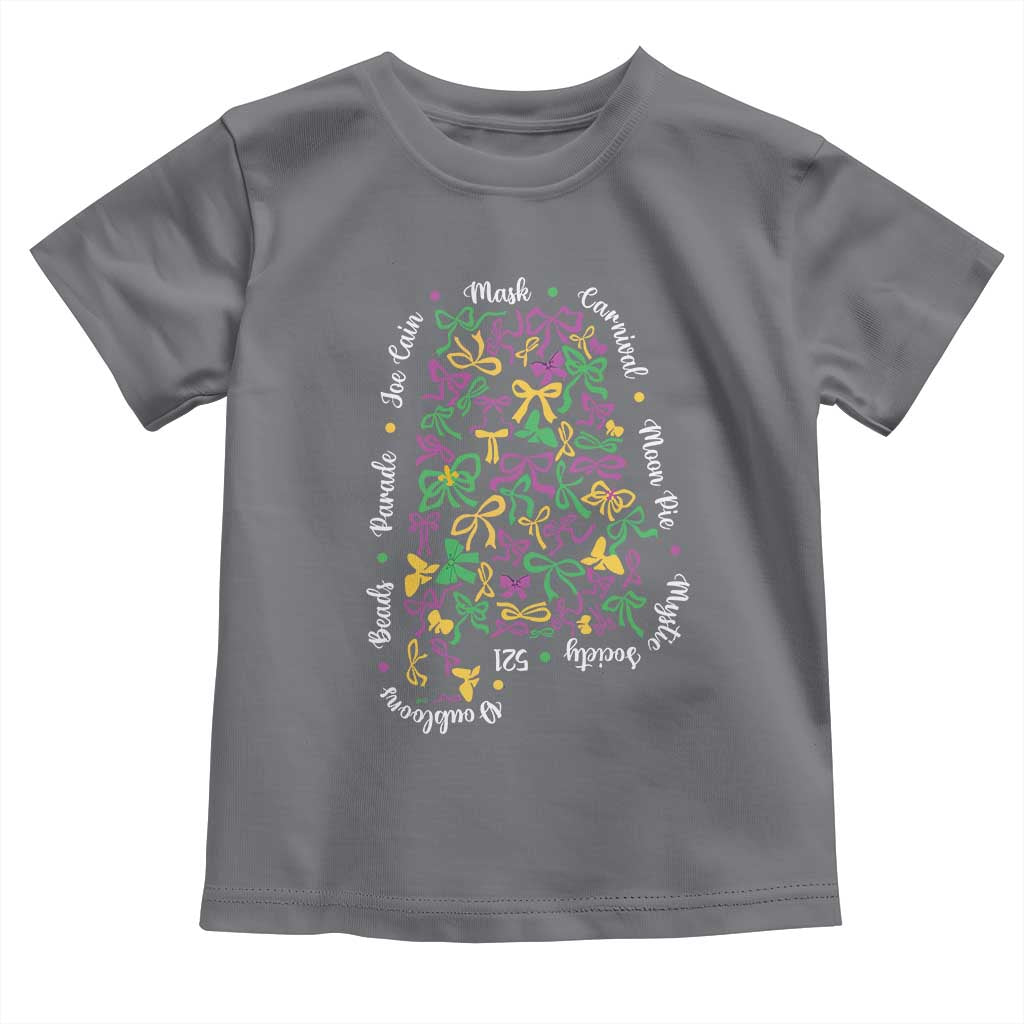 Funny Mardi Gras Alabama Map Coquette Bow Toddler T Shirt Moon Pie Carnival Joe Cain Beads