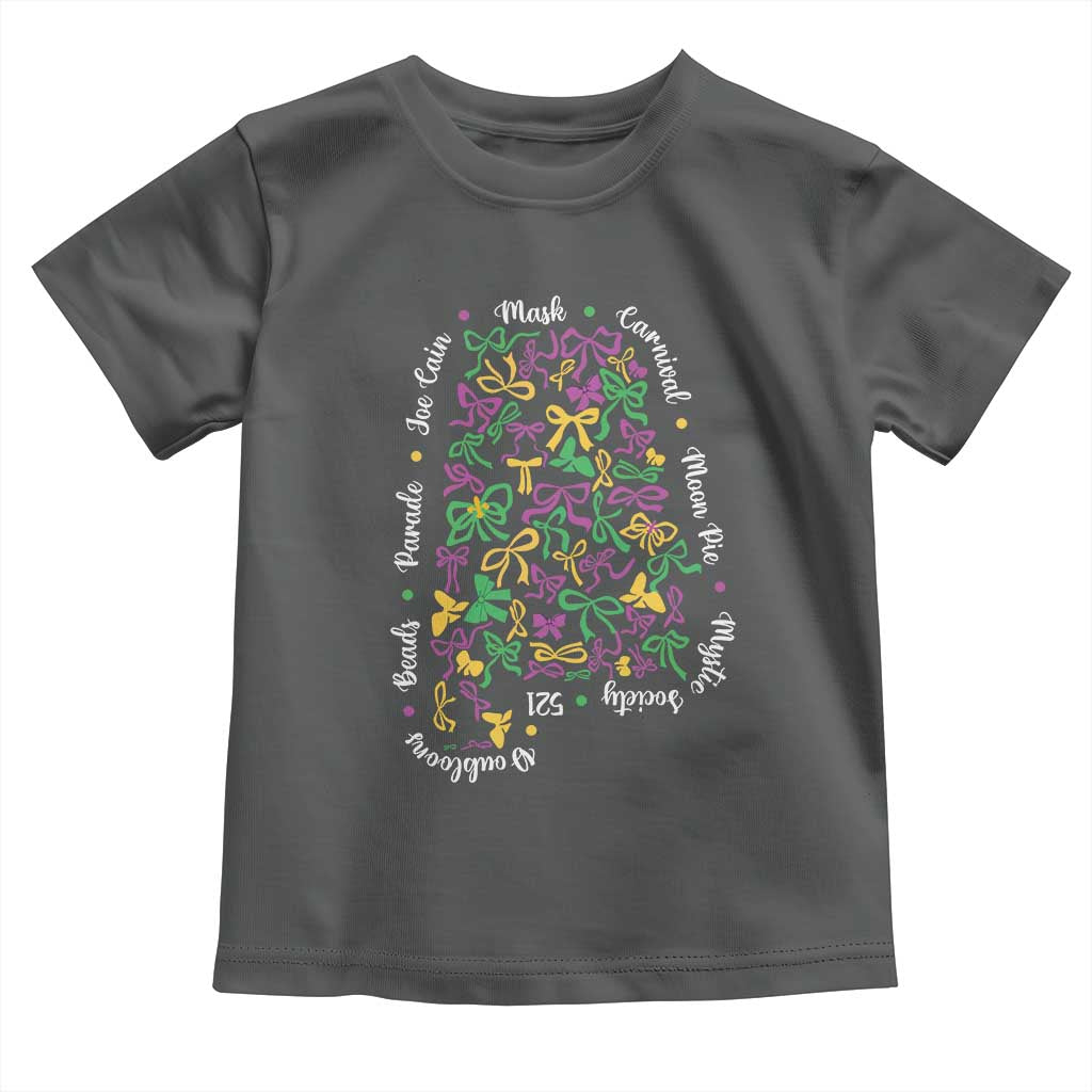 Funny Mardi Gras Alabama Map Coquette Bow Toddler T Shirt Moon Pie Carnival Joe Cain Beads