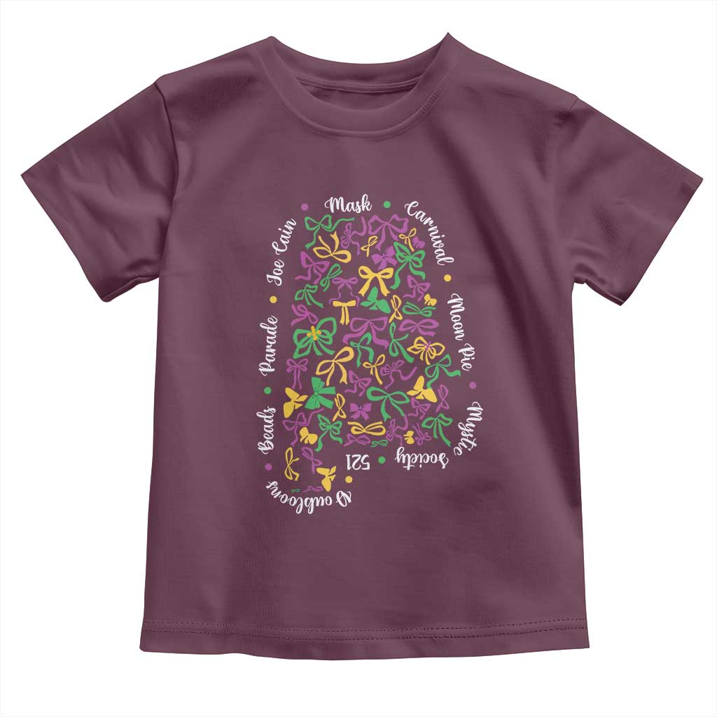 Funny Mardi Gras Alabama Map Coquette Bow Toddler T Shirt Moon Pie Carnival Joe Cain Beads