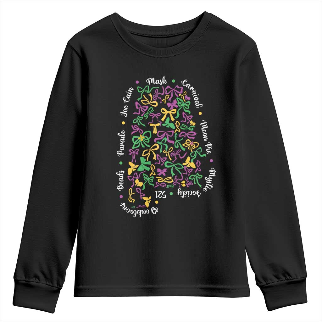 Funny Mardi Gras Alabama Map Coquette Bow Youth Sweatshirt Moon Pie Carnival Joe Cain Beads