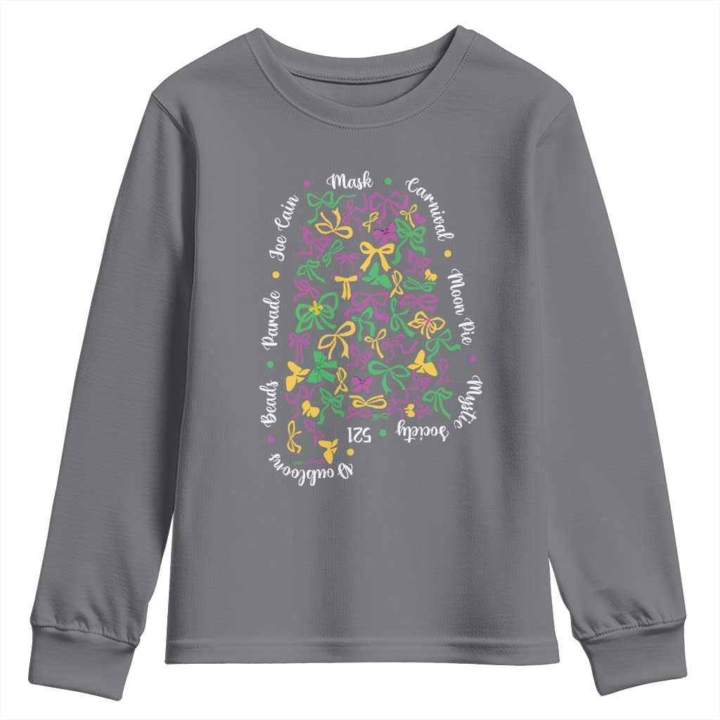 Funny Mardi Gras Alabama Map Coquette Bow Youth Sweatshirt Moon Pie Carnival Joe Cain Beads