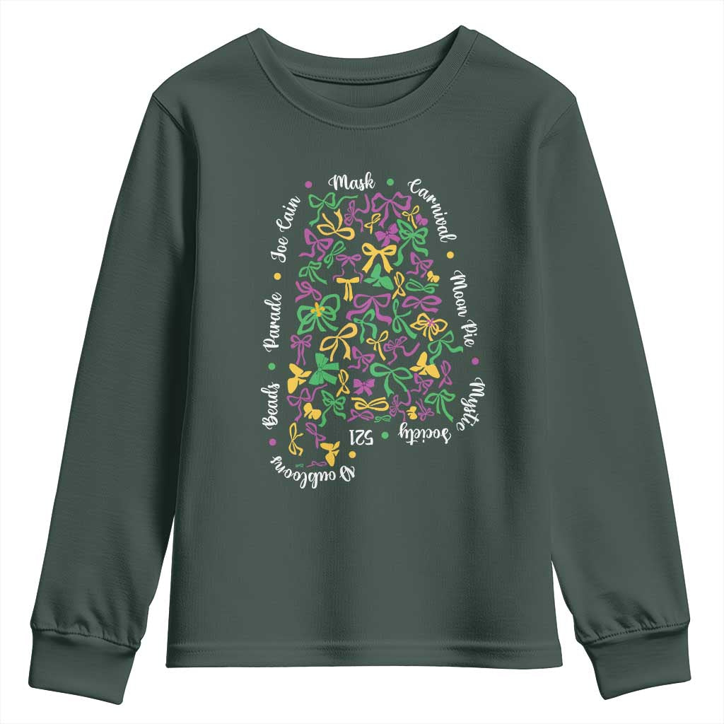 Funny Mardi Gras Alabama Map Coquette Bow Youth Sweatshirt Moon Pie Carnival Joe Cain Beads