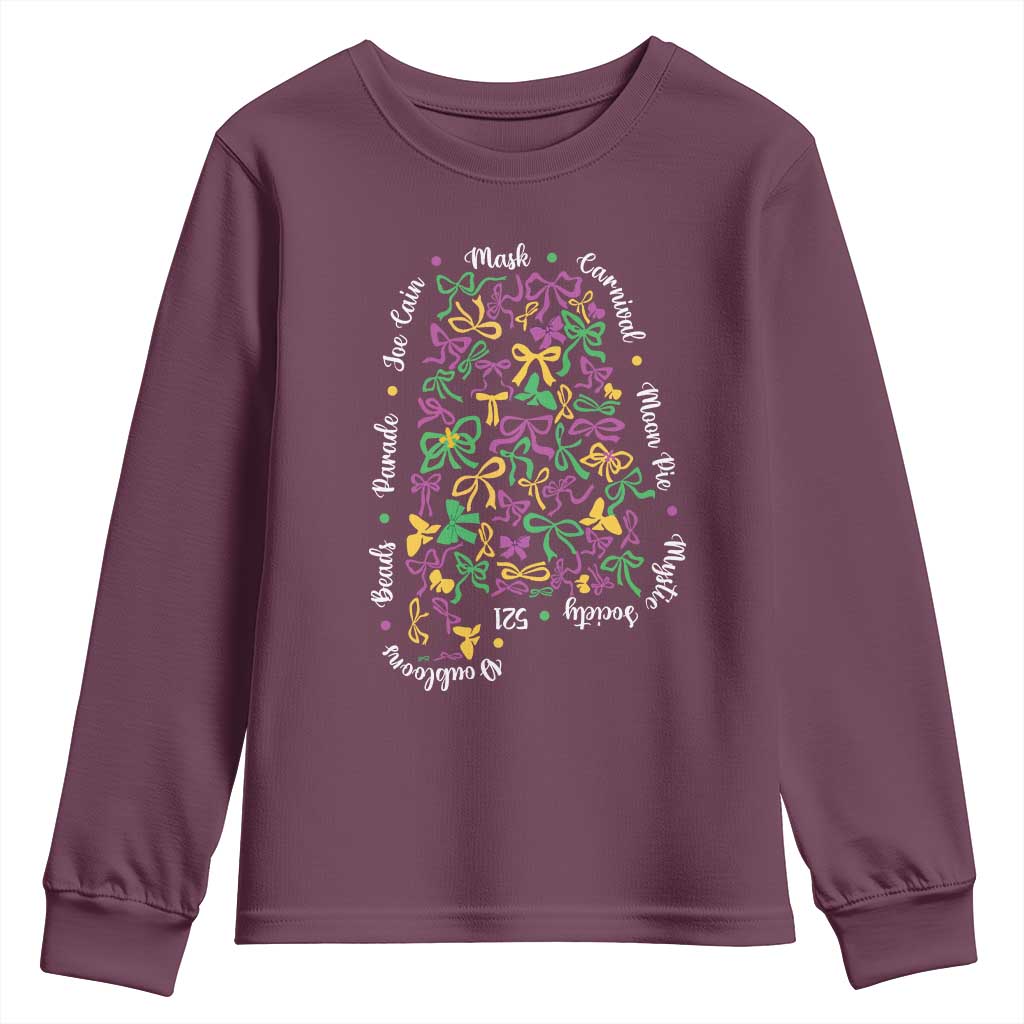 Funny Mardi Gras Alabama Map Coquette Bow Youth Sweatshirt Moon Pie Carnival Joe Cain Beads