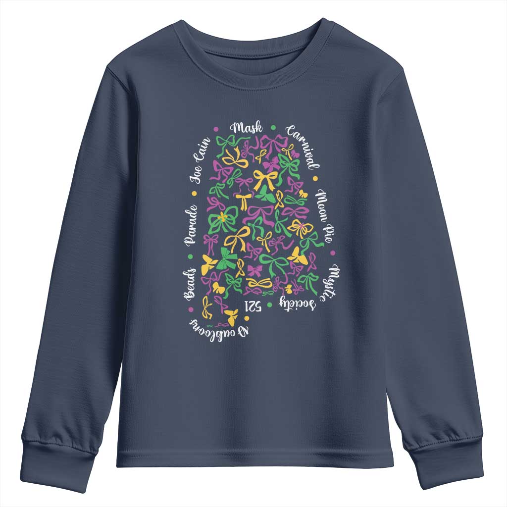 Funny Mardi Gras Alabama Map Coquette Bow Youth Sweatshirt Moon Pie Carnival Joe Cain Beads