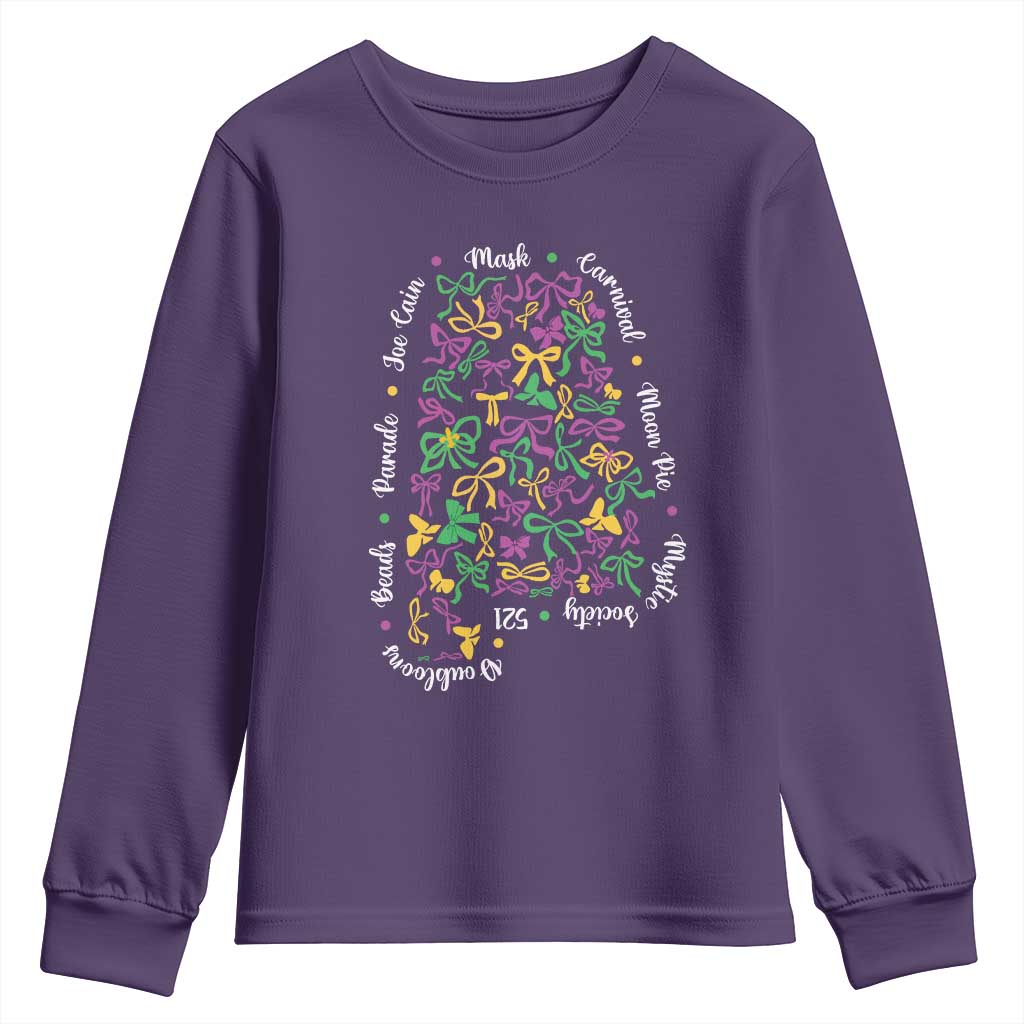Funny Mardi Gras Alabama Map Coquette Bow Youth Sweatshirt Moon Pie Carnival Joe Cain Beads