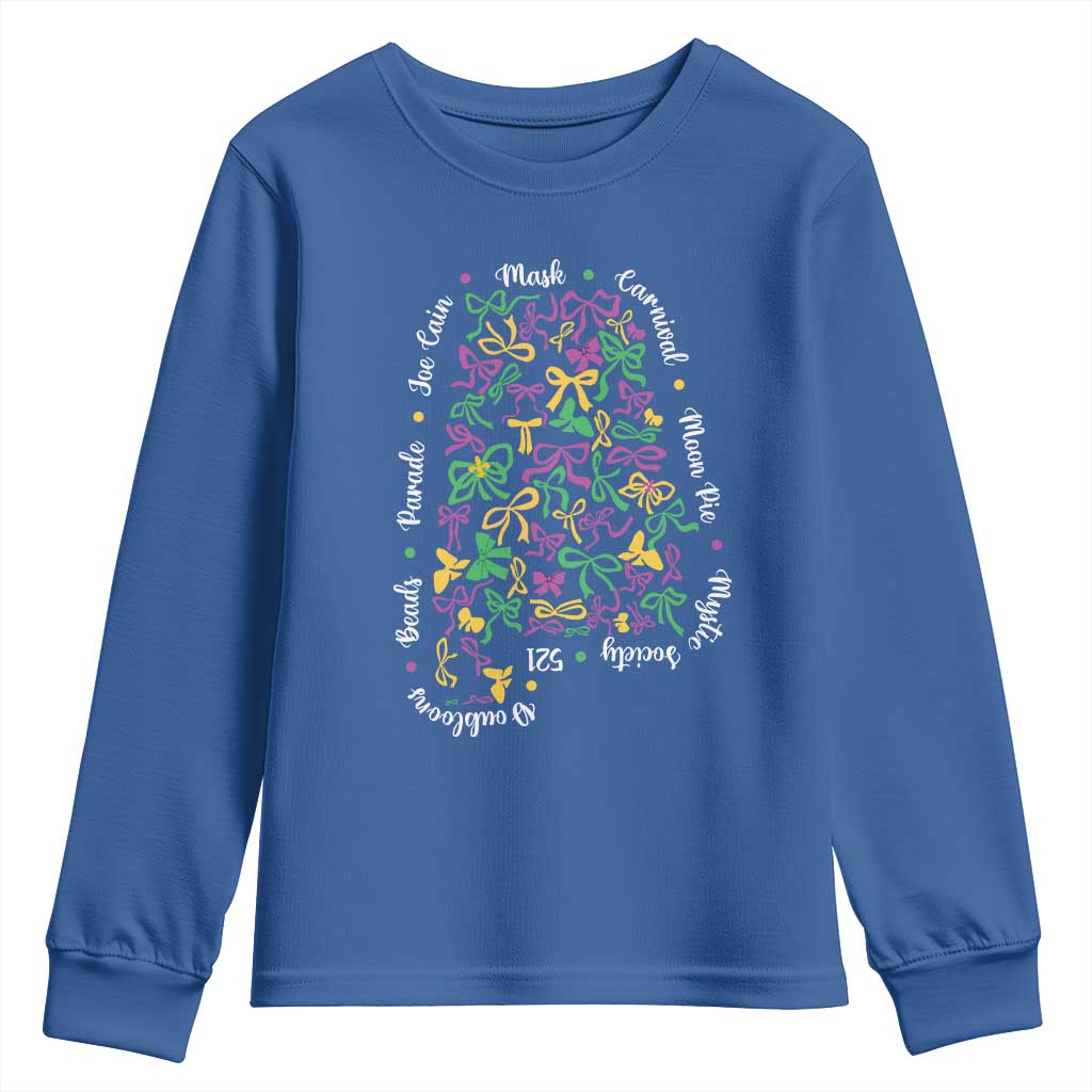 Funny Mardi Gras Alabama Map Coquette Bow Youth Sweatshirt Moon Pie Carnival Joe Cain Beads