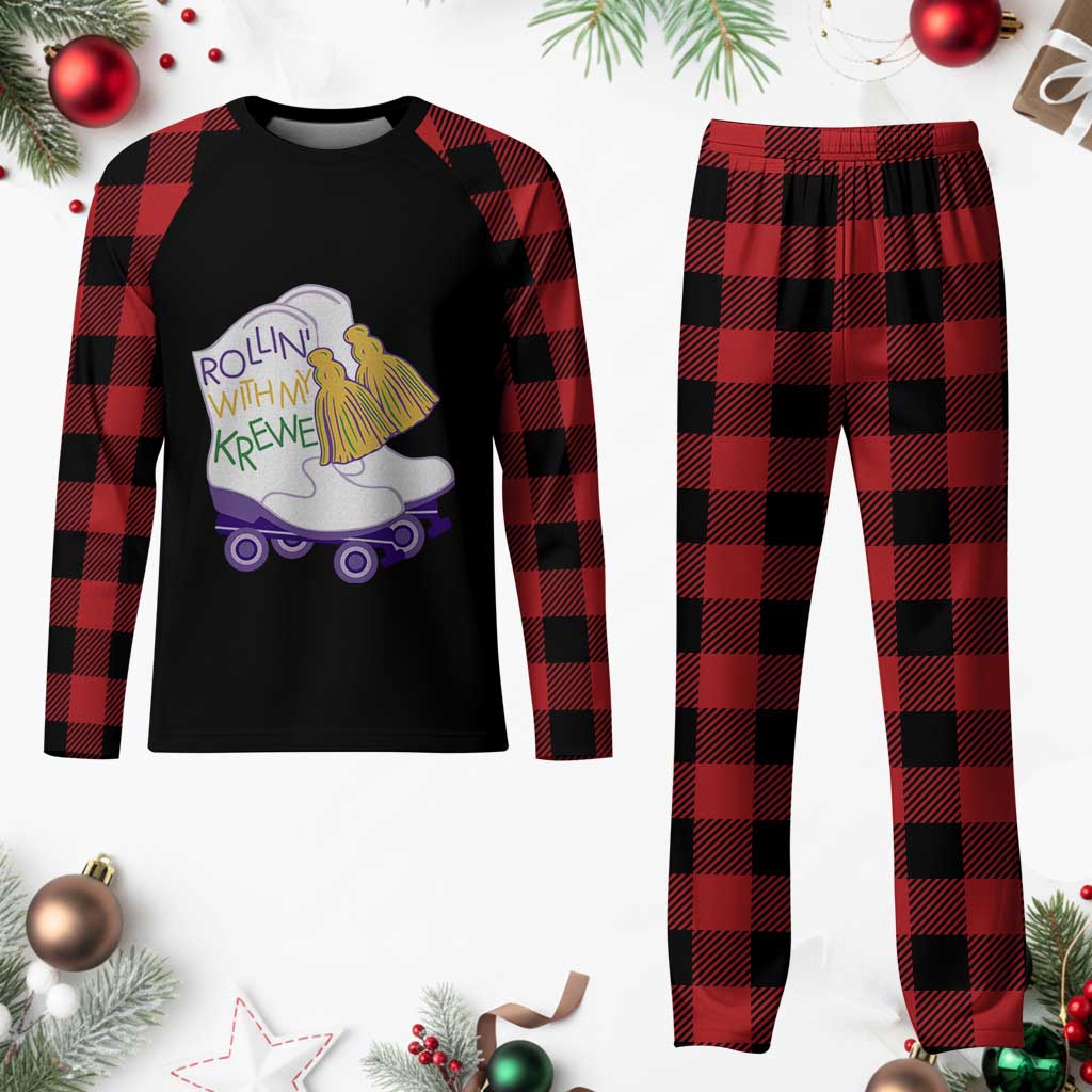 Funny Mardi Gras Plaid Pajama Set Rollin' With My Krewe Marching Boots Carnival Party