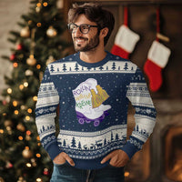 Funny Mardi Gras Ugly Christmas Sweater Rollin' With My Krewe Marching Boots Carnival Party