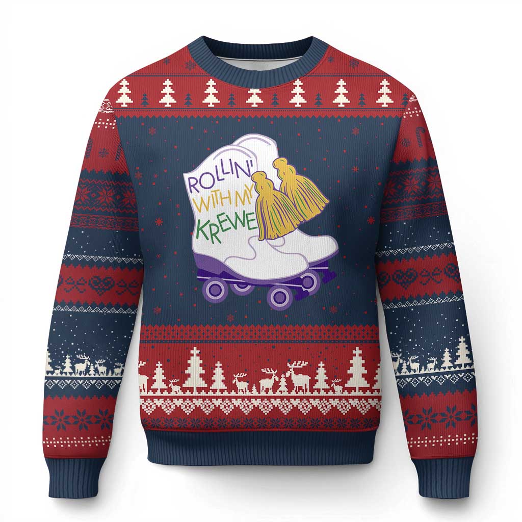 Funny Mardi Gras Ugly Christmas Sweater Rollin' With My Krewe Marching Boots Carnival Party