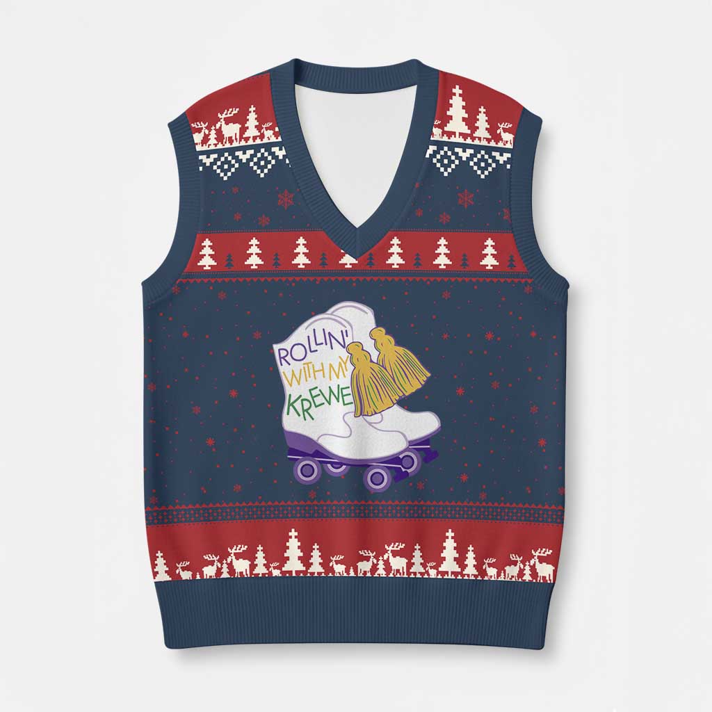 Funny Mardi Gras V-Neck Knit Sweater Vest Rollin' With My Krewe Marching Boots Carnival Party