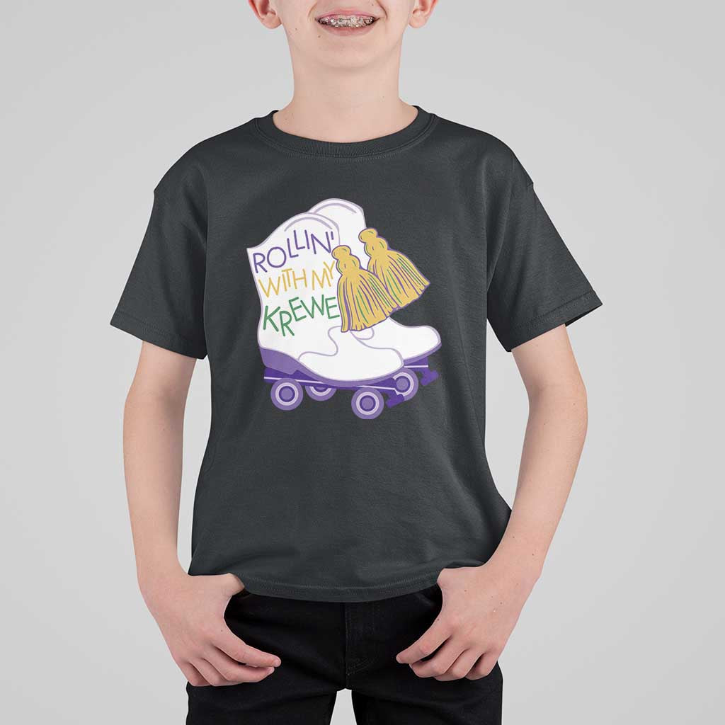 Funny Mardi Gras T Shirt For Kid Rollin' With My Krewe Marching Boots Carnival Party
