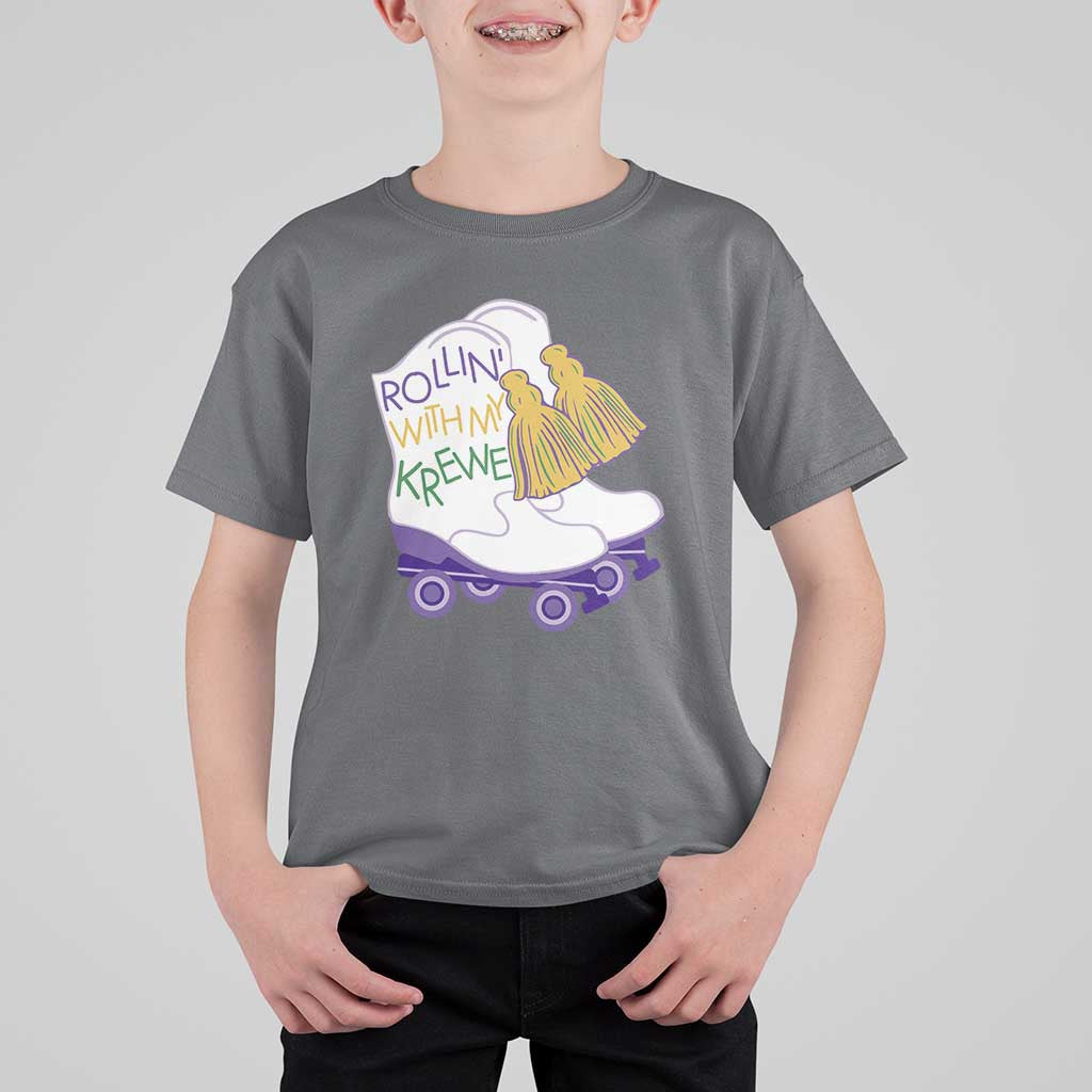 Funny Mardi Gras T Shirt For Kid Rollin' With My Krewe Marching Boots Carnival Party