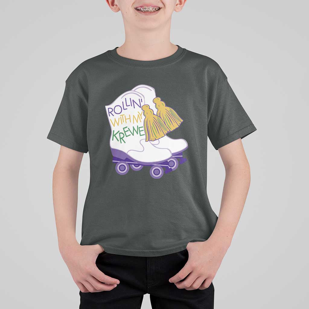 Funny Mardi Gras T Shirt For Kid Rollin' With My Krewe Marching Boots Carnival Party