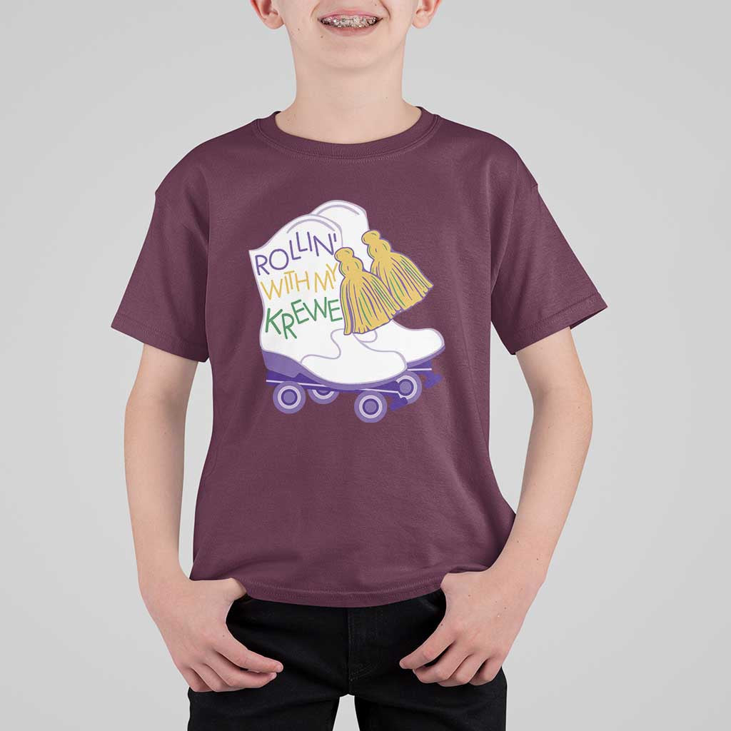 Funny Mardi Gras T Shirt For Kid Rollin' With My Krewe Marching Boots Carnival Party