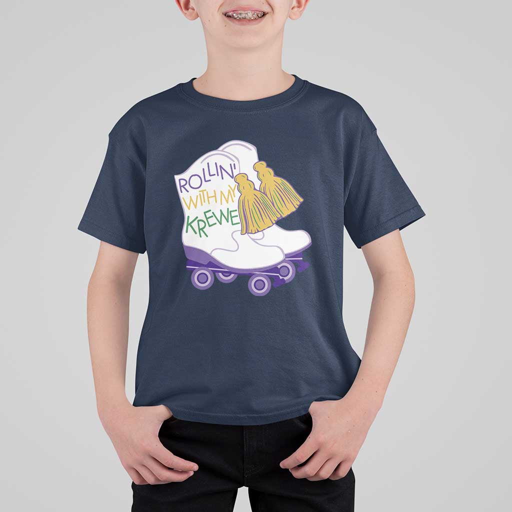 Funny Mardi Gras T Shirt For Kid Rollin' With My Krewe Marching Boots Carnival Party