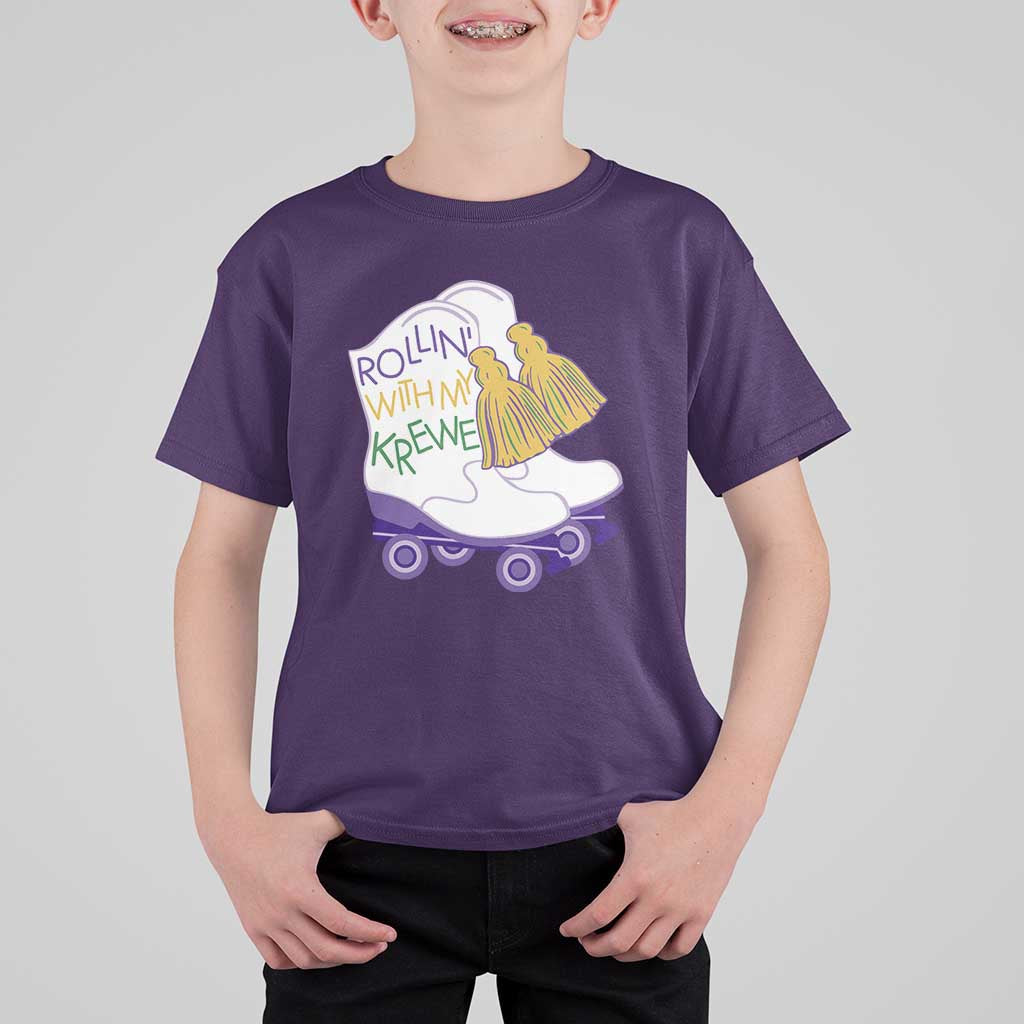 Funny Mardi Gras T Shirt For Kid Rollin' With My Krewe Marching Boots Carnival Party