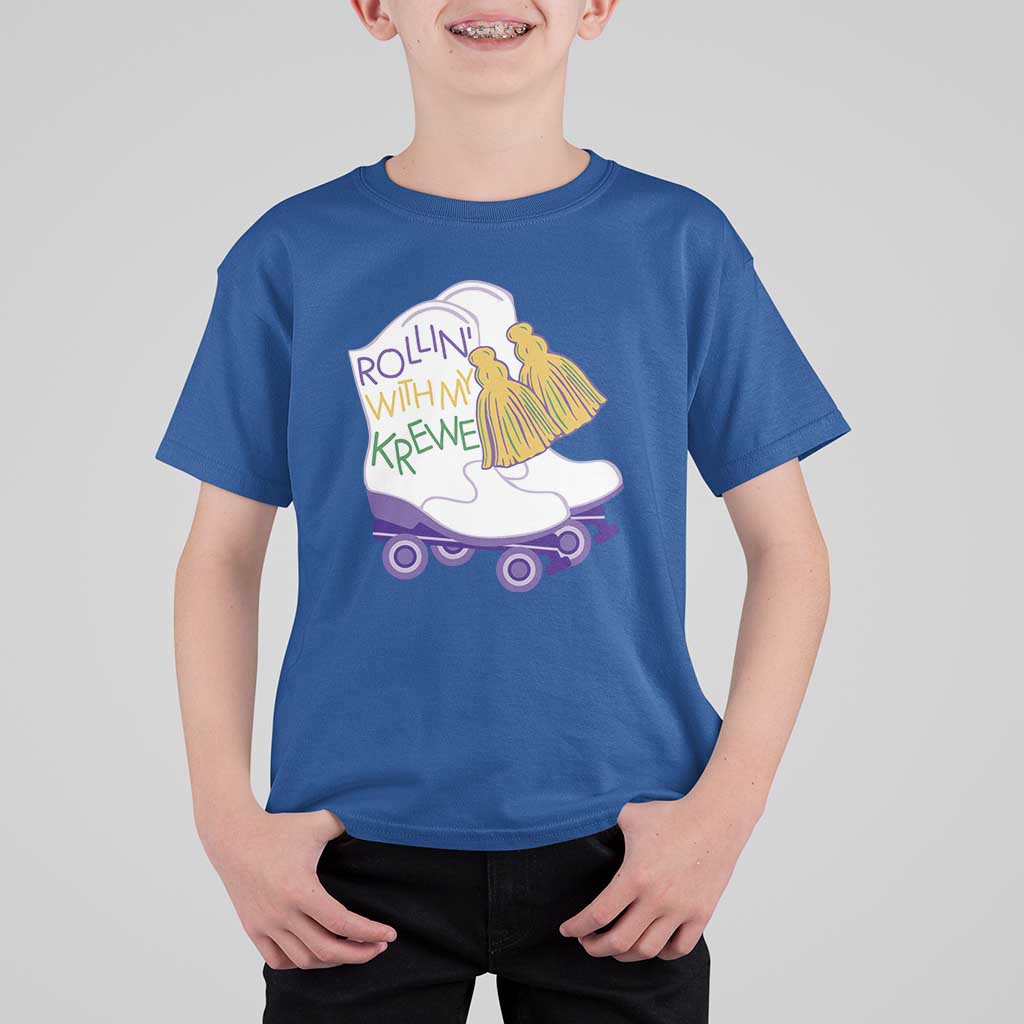 Funny Mardi Gras T Shirt For Kid Rollin' With My Krewe Marching Boots Carnival Party