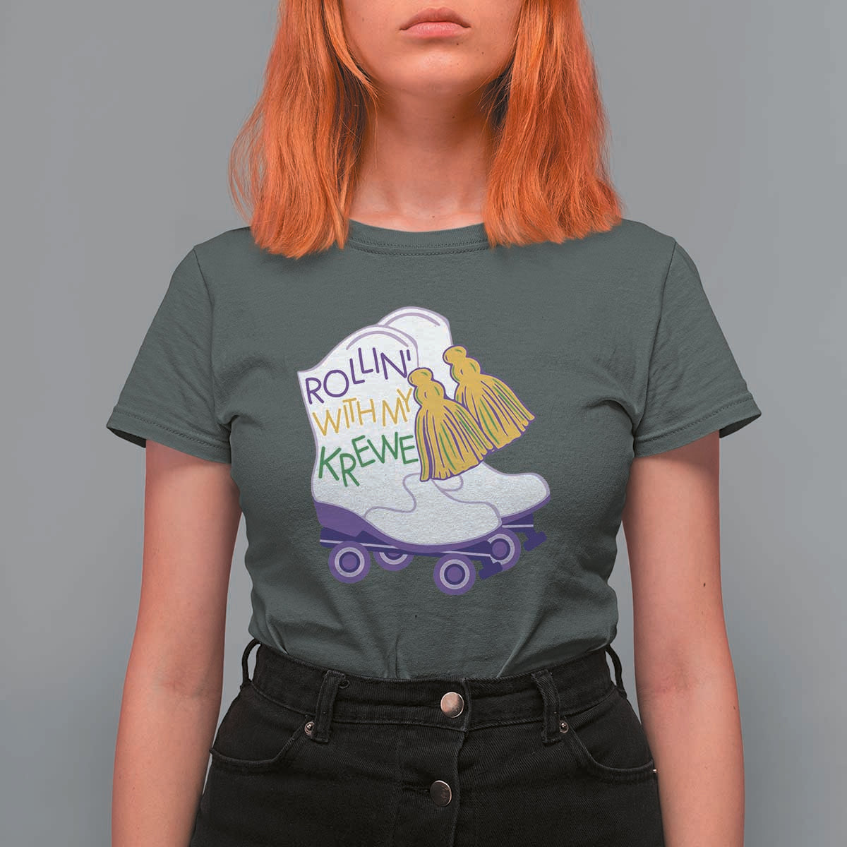 Funny Mardi Gras T Shirt For Women Rollin' With My Krewe Marching Boots Carnival Party