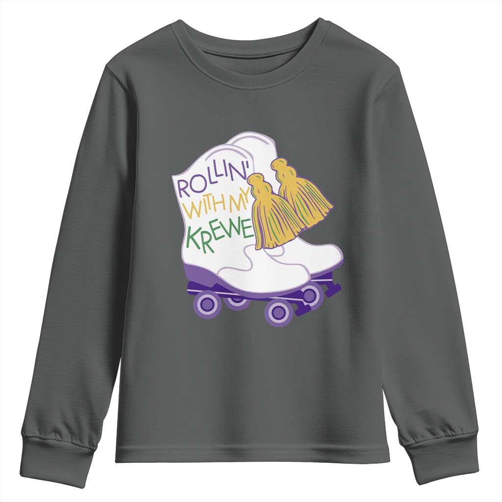 Funny Mardi Gras Youth Sweatshirt Rollin' With My Krewe Marching Boots Carnival Party