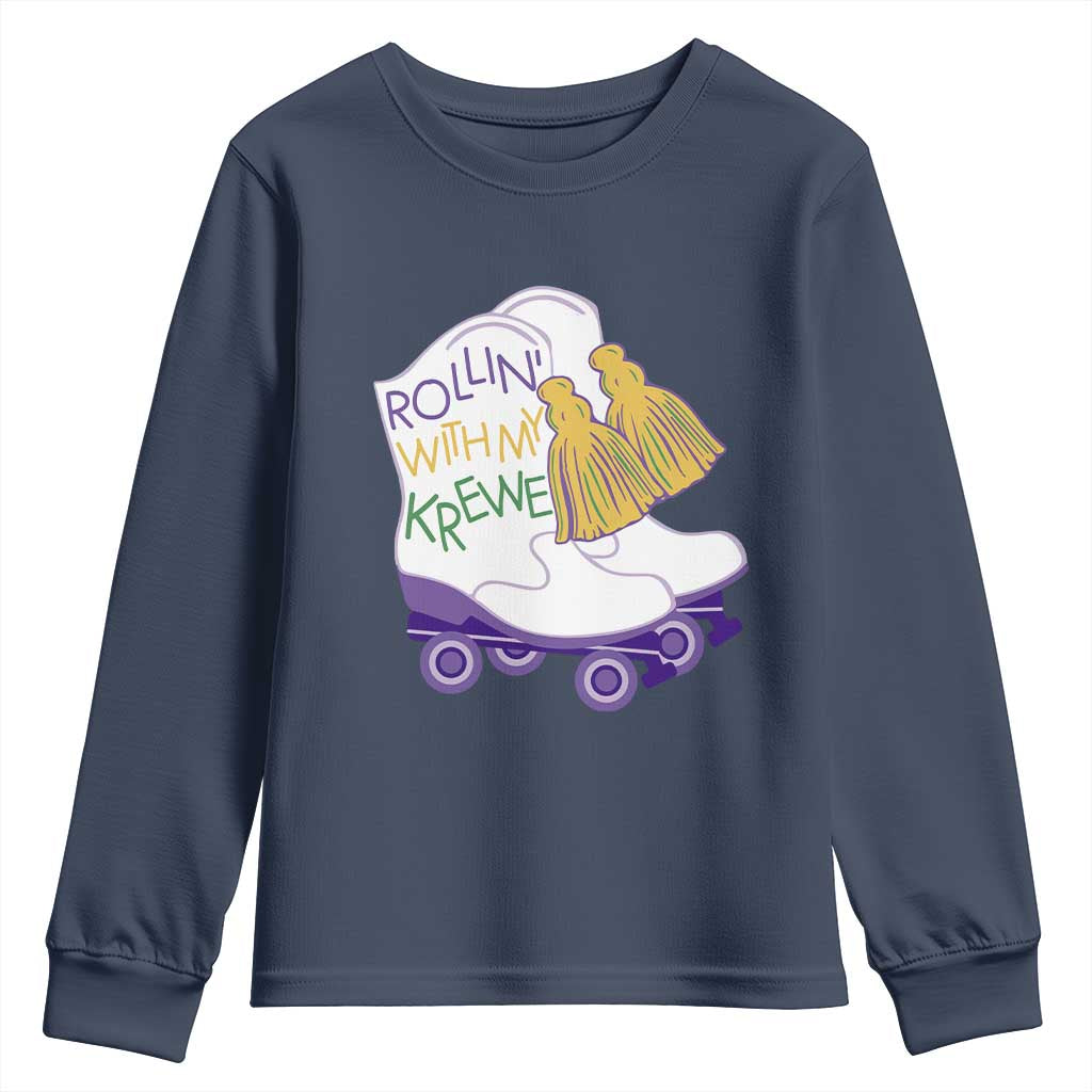 Funny Mardi Gras Youth Sweatshirt Rollin' With My Krewe Marching Boots Carnival Party