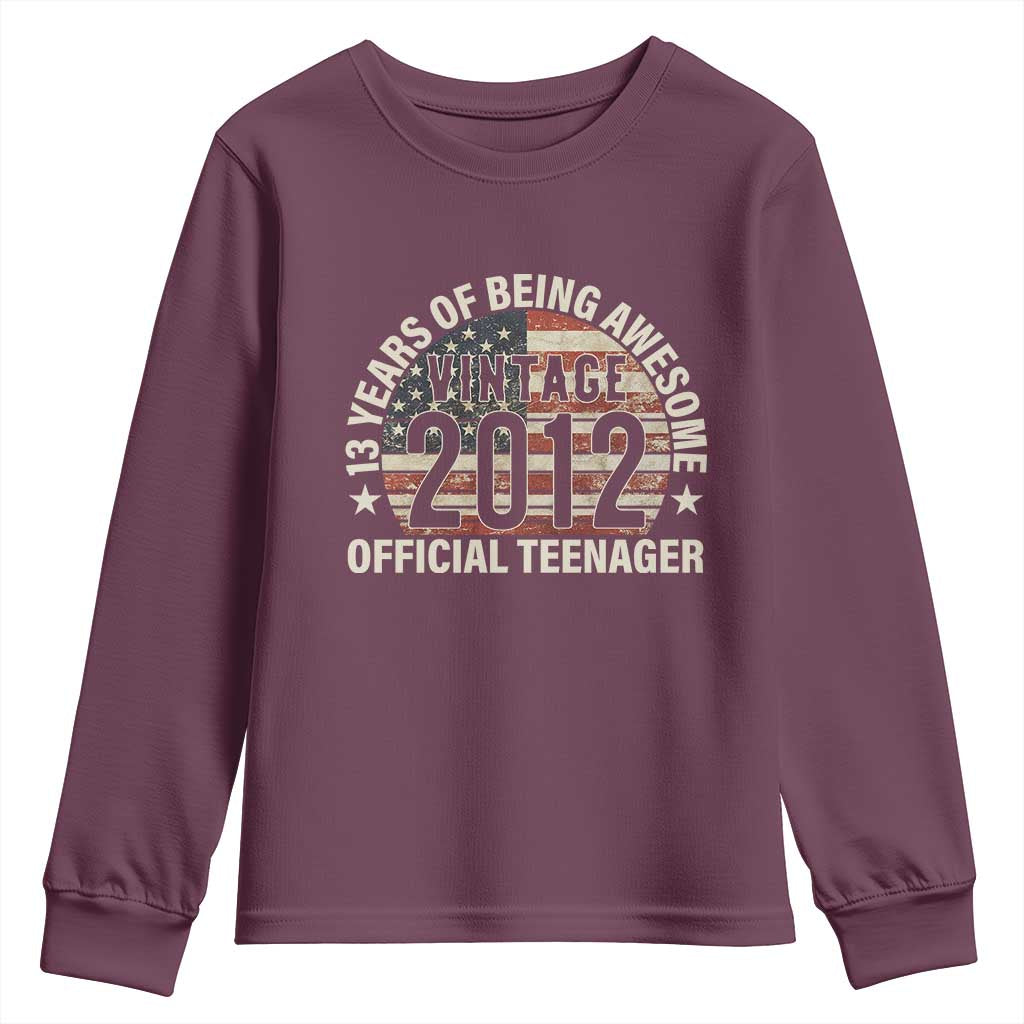 13th Birthday Youth Sweatshirt Vintage 2012 Official Teenager 13 Years Of Being Awesome American Flag
