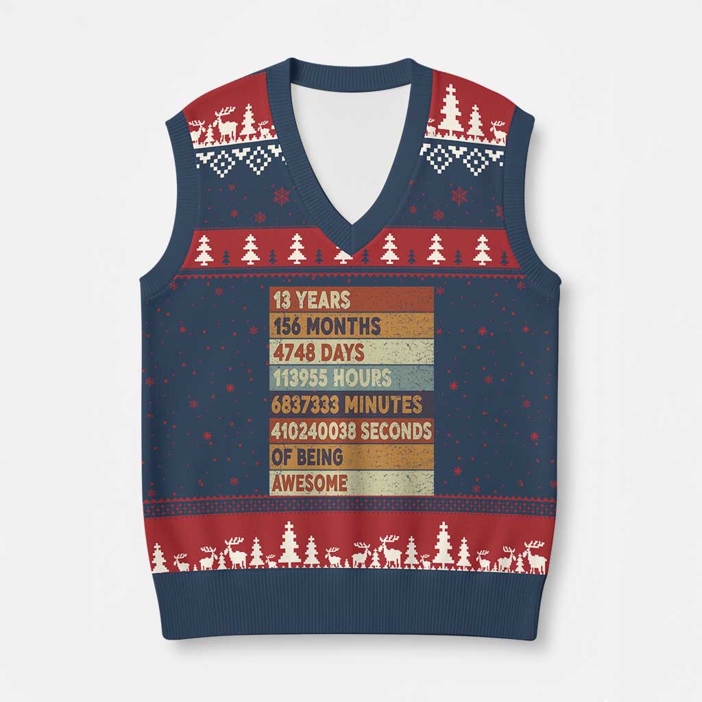 Funny 13th Birthday V-Neck Knit Sweater Vest 13 Years 156 Months 4748 Days Vintage Retro - Wonder Print Shop