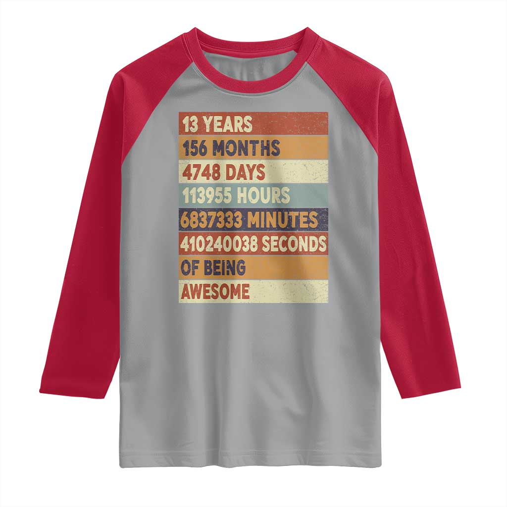 Funny 13th Birthday Raglan Shirt 13 Years 156 Months 4748 Days Vintage Retro