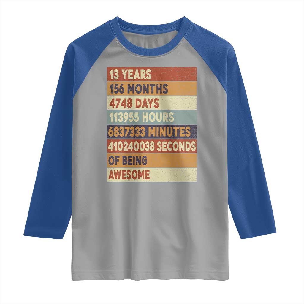 Funny 13th Birthday Raglan Shirt 13 Years 156 Months 4748 Days Vintage Retro