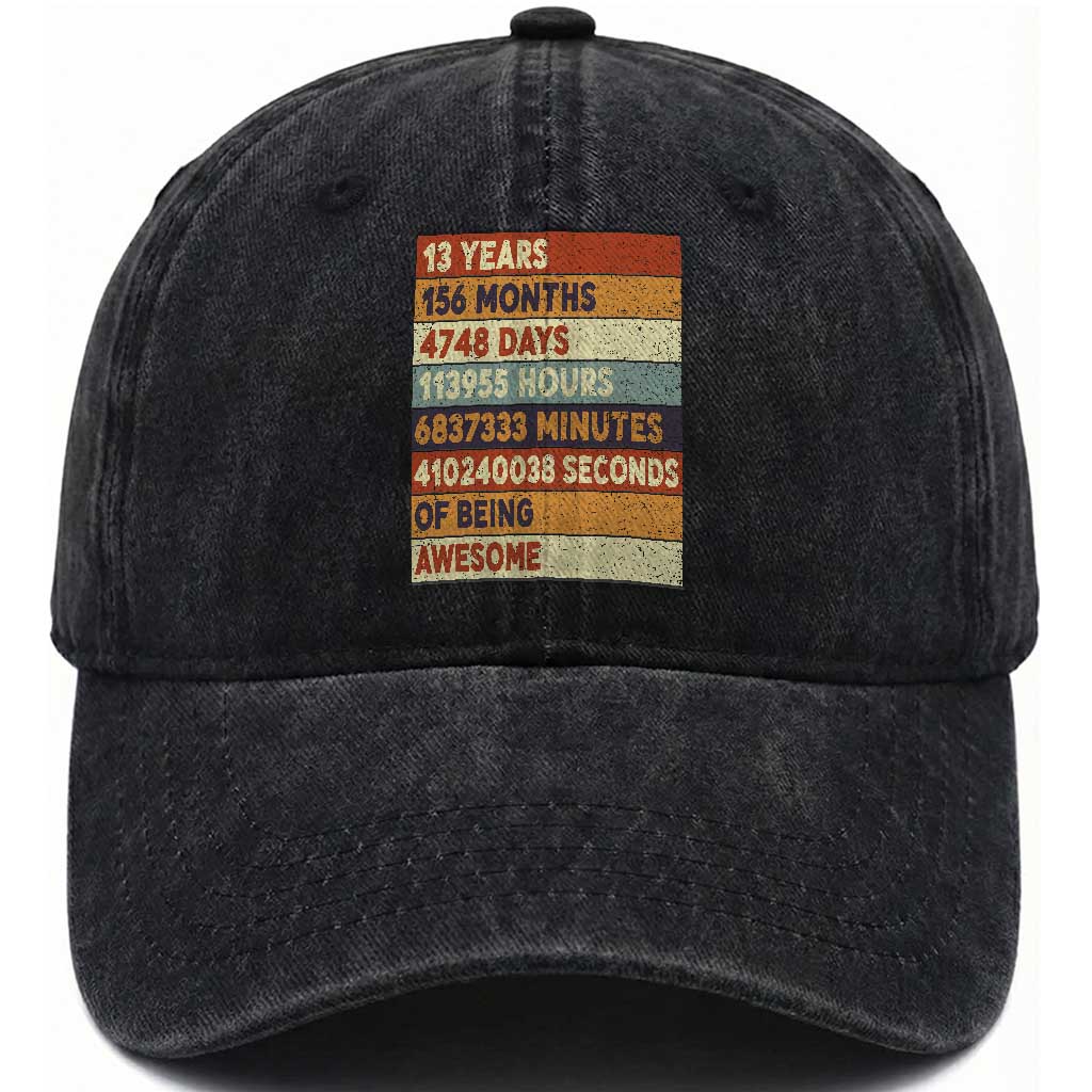 Funny 13th Birthday Washed Cotton Baseball Cap 13 Years 156 Months 4748 Days Vintage Retro
