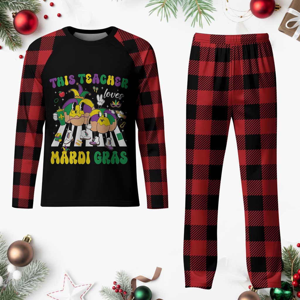 Funny This Teacher Loves Mardi Gras Plaid Pajama Set King Cake Jester Hat