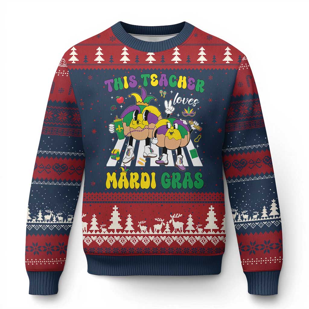Funny This Teacher Loves Mardi Gras Ugly Christmas Sweater King Cake Jester Hat